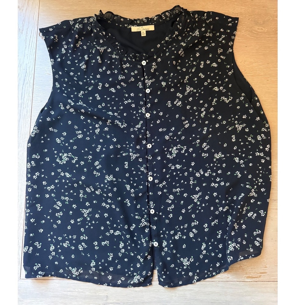 Les Serein Navy Blue Floral Ditsy Ruffle Collar‎ Sleeveless Button Up Blouse XL